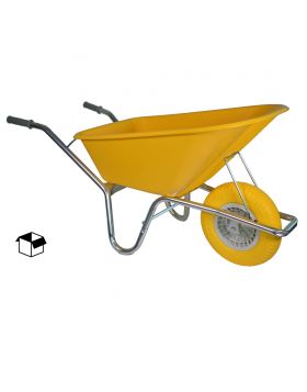 Bouwkruiwagen Basic PE 100 Liter geel softwiel (anti-lek band) DOOS - NL-fabricaat 