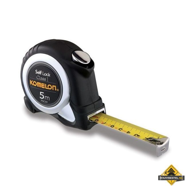 Komelon rolbandmaat Self-Lock 5mx19mm, klasse I staal/nylon gecoate band in ABS/chroom, rubber kast