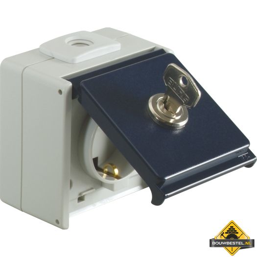Opus Aqua geaarde contactdoos IP54 enkel met slot sleutel enkelvoudig lichtgrijs/staalblauw