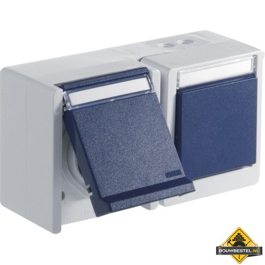Opus Resist combinatie schakelaar met contactdoos, horizontaal lichtgrijs/staalblauw, IP55