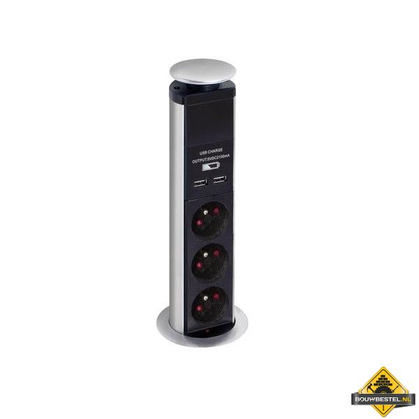 Pop-up stekkerblok met 3 stopcontacten en 2 USB